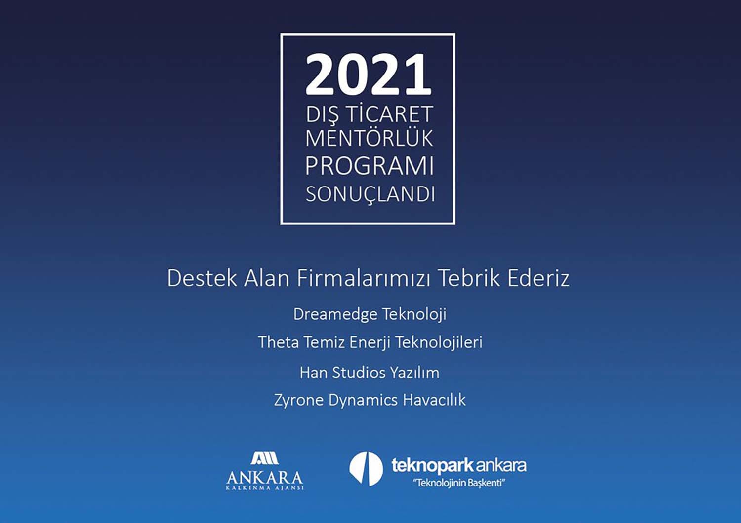 2021 Dış Ticaret Mentörlük Programı sonuçlandı Ankara Kalkınma Ajansı 2021    Dış Ticaret Mentörlük Programı sonuçlandı. Destek alan firmalarımızı tebrik ederiz. DreamEdge Teknoloji, Theta Temiz Enerji, Han Studios, Zyrone Dynamics